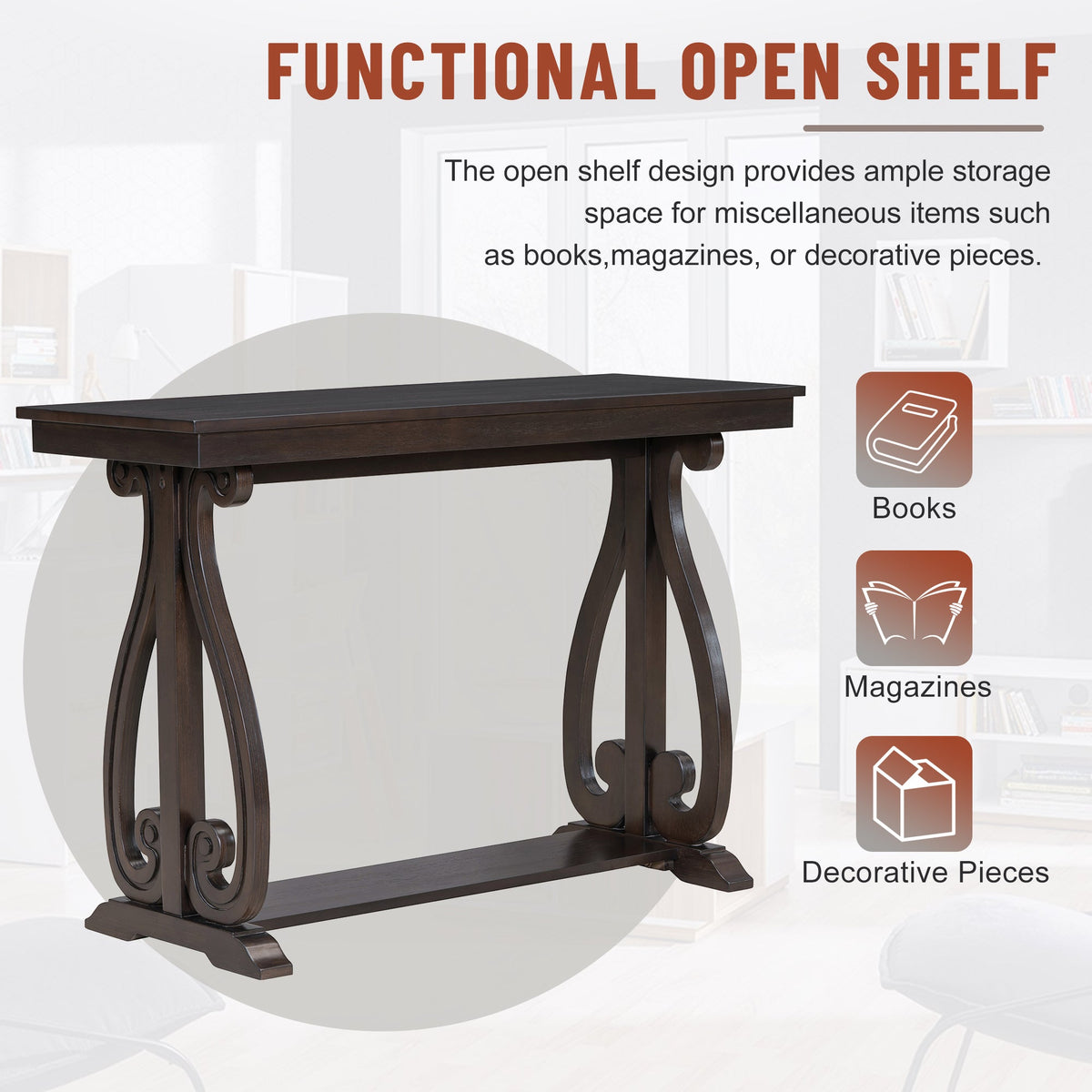 48-Inch Rustic Vintage Console Table --- Farmhouse Style Entryway Table with Open Shelf and Sturdy Construction  (Espresso)