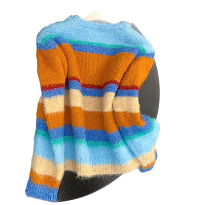 Loose And Versatile Dopamine-striped Sweater For Women