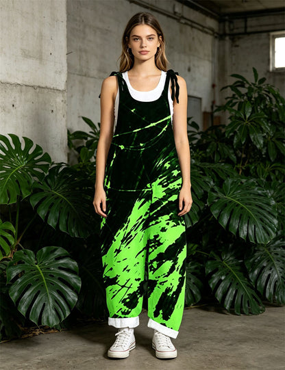 Women Black Green Lightning Print Tie Strap Overalls, Loose Wide Leg Rolled Cuff Casual Jumpsuit With Pockets