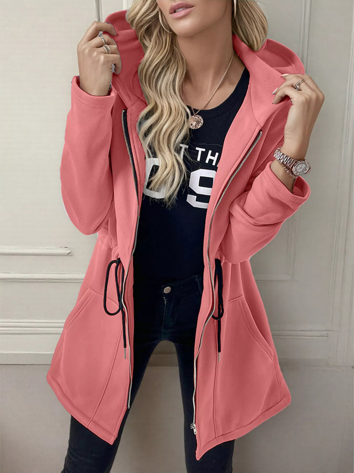 Drawstring Zip Up Hooded Outerwear