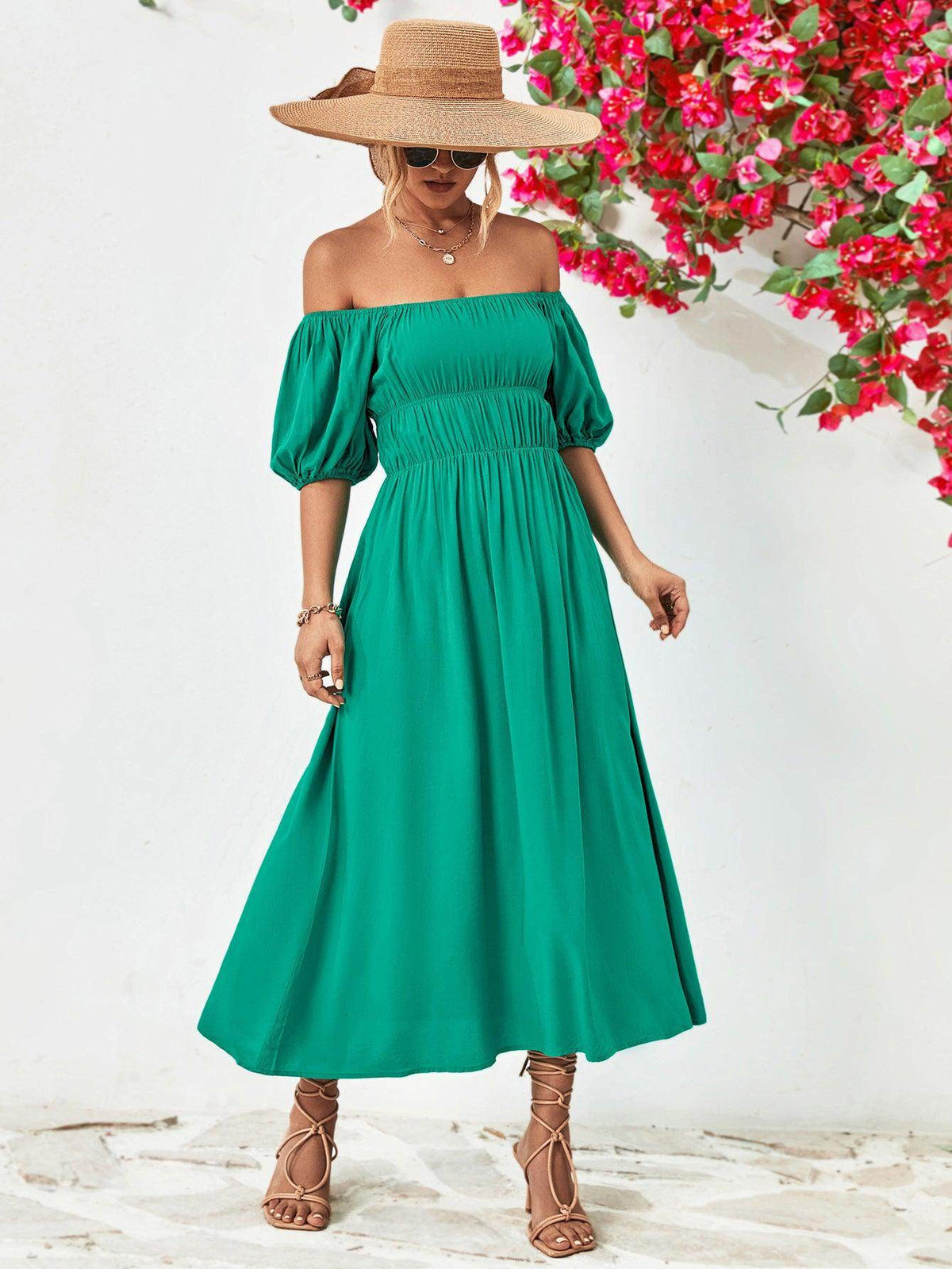 Off-Shoulder Balloon Sleeve Midi Dress for Chic Style