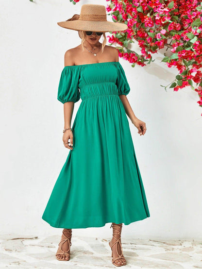 Off-Shoulder Balloon Sleeve Midi Dress for Chic Style