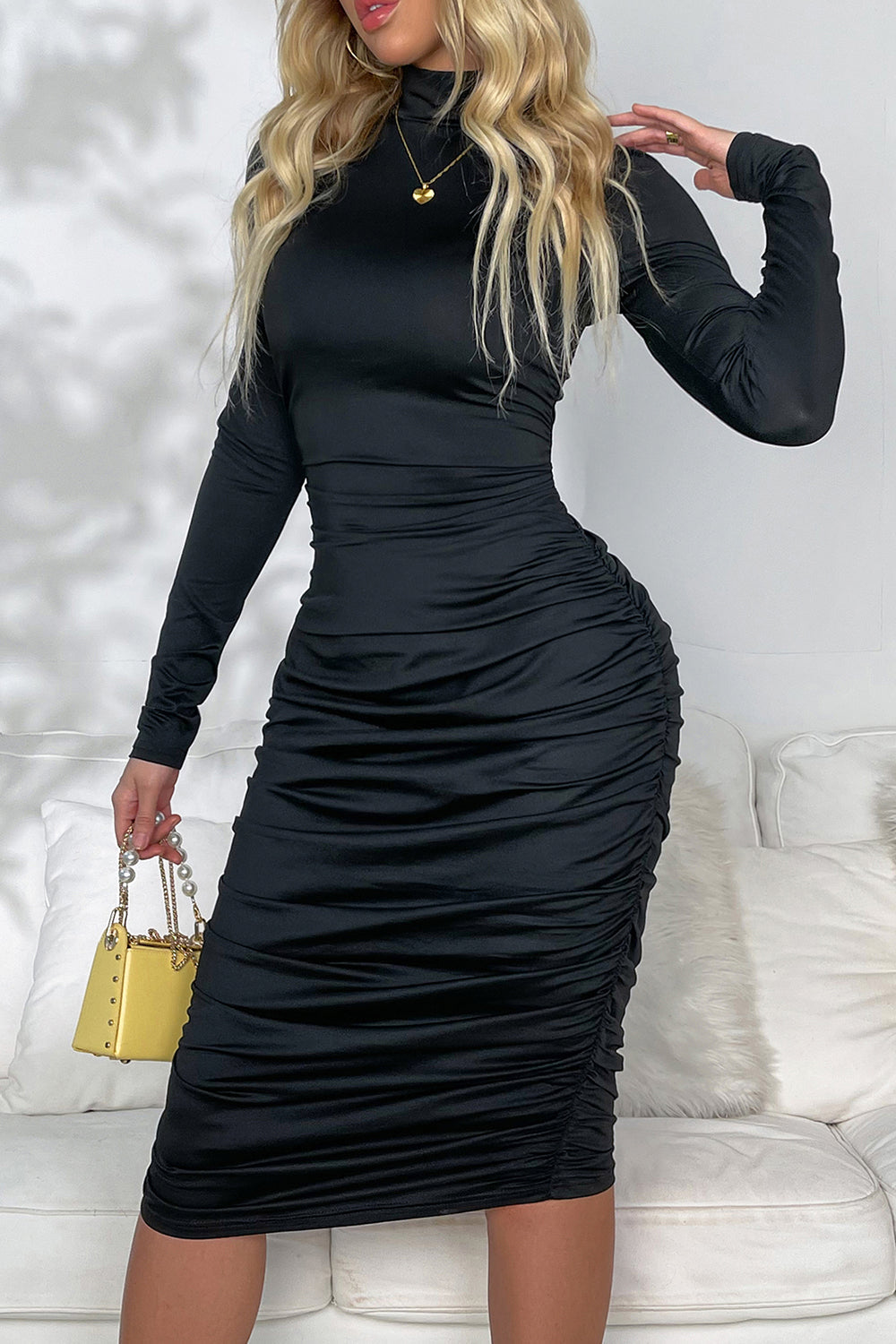 Ruched Mock Neck Long Sleeve Dress For Women