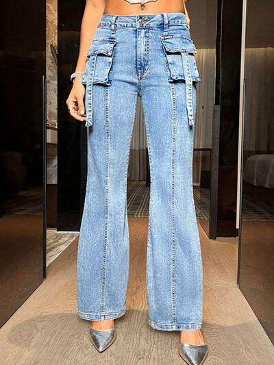 Mid Rise Straight Jeans with Cargo Pockets for Women