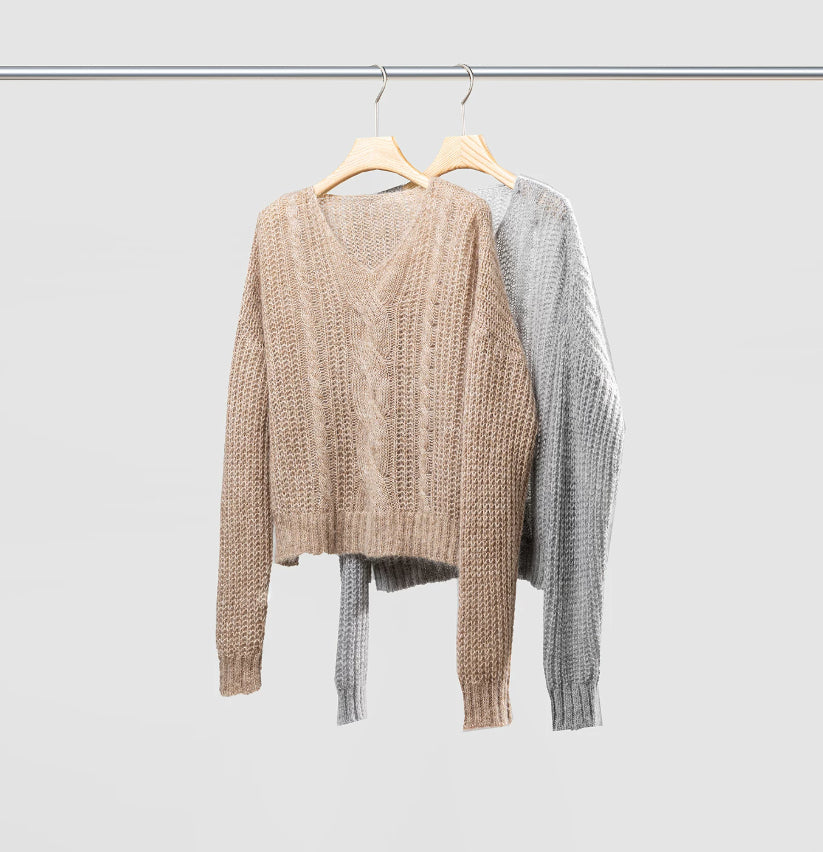 Mohair V-neck Cable Knit Sweater