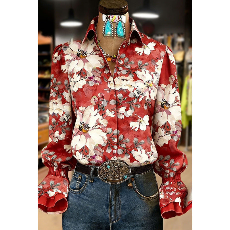Women's Lace-trimmed Long-sleeve Collared Blouse