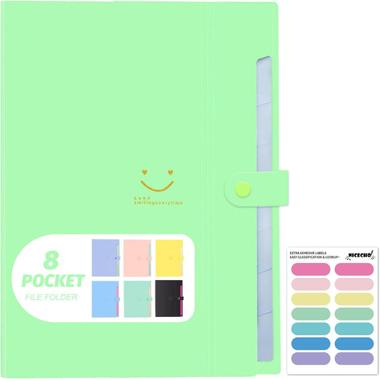 Expanding File Folder, 8 Pockets Accordion File Organizer, A4 Letter Size Paper Document Receipt Organizer Accordian Filing Folder for Classroom, Home, Office and Travel