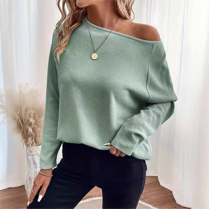 Autumn New Arrival  Solid Color Waffle-Knit Off-Shoulder Pullover Top For Loungewear