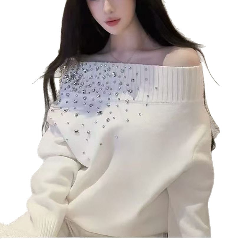 White Off-shoulder Pullover Sweater With Diamond Embellishments