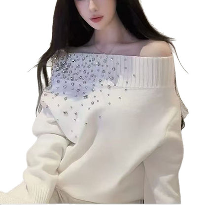 White Off-shoulder Pullover Sweater With Diamond Embellishments