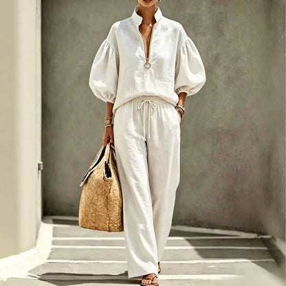 Loose-fitting Solid-color Womens Set With A Half-zip And Puff Sleeves