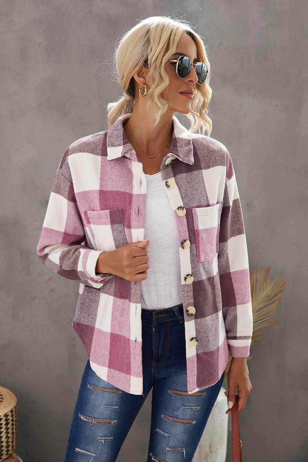 Plaid Button Up Dropped Shoulder Jacket for Women Stylish