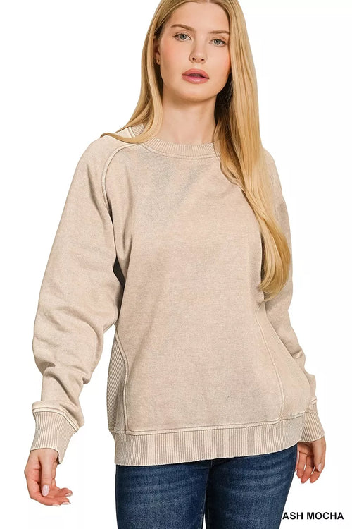 Zenana Acid Washed Fleece Sweatshirt with Side Rib