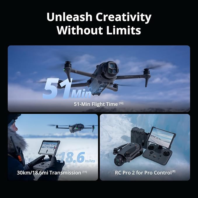 DJI Mavic 4 Pro Drone with DJI RC 2, Flagship Tri-Camera Drone with 100MP 4/3 CMOS Hasselblad Camera, for Professionals, 30km/18.6mi Video Transmission, 51-Min Max Flight Time