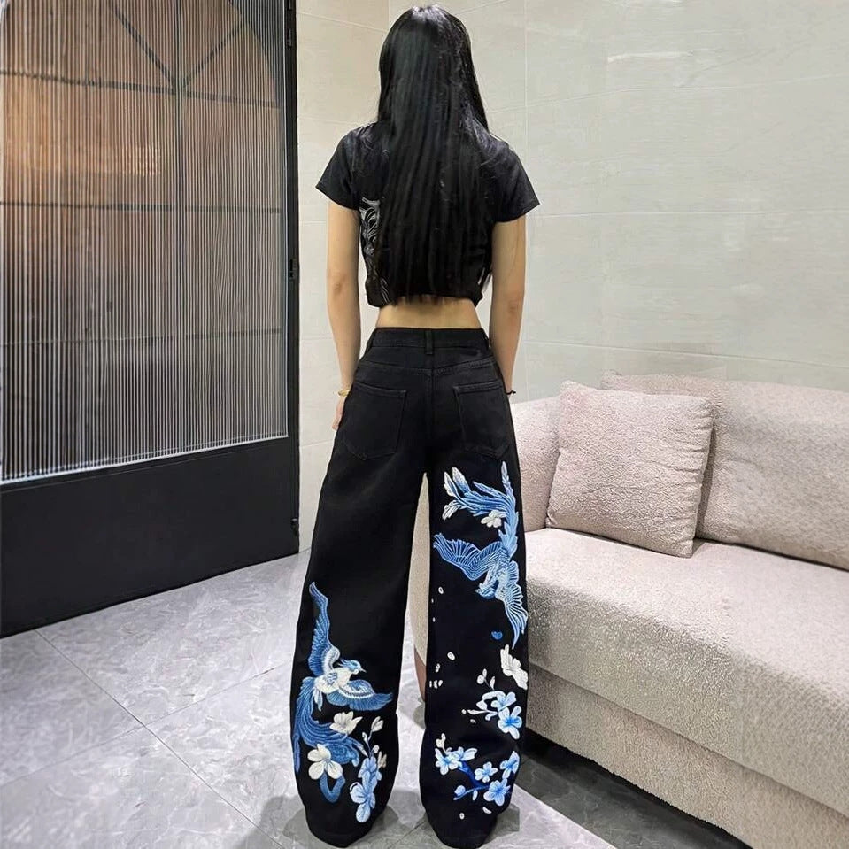 Women's Printed Washed Jeans Wide Leg Loose Straight