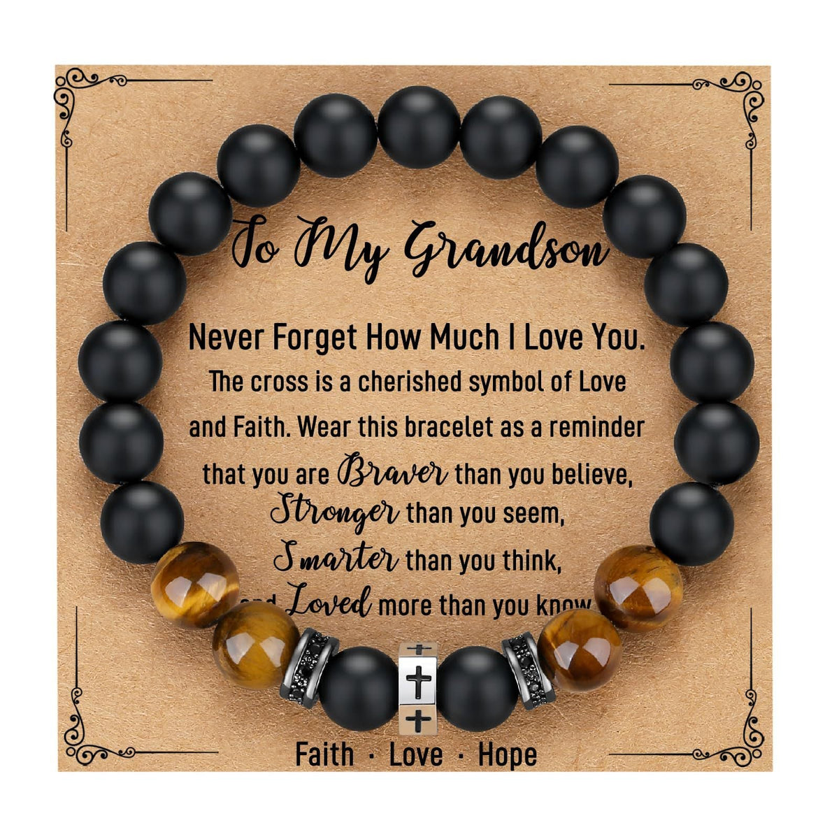 Tigers Eye Stone And Stainless Steel Cross Beaded Bracelet
