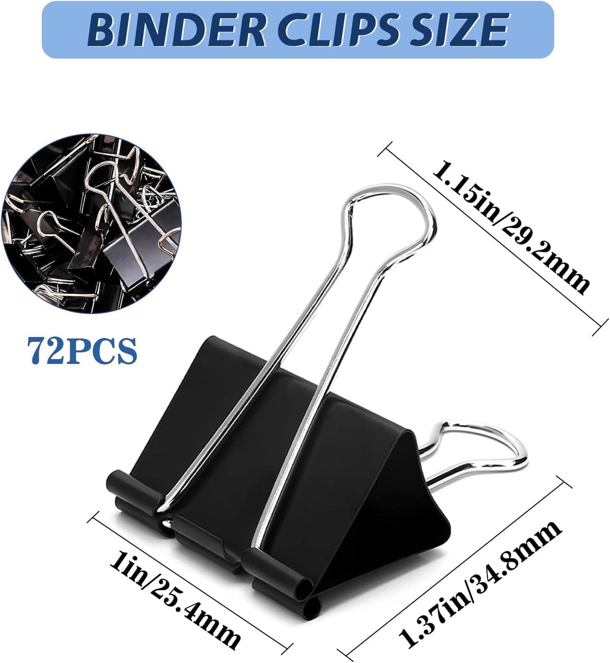 72 Pack, Medium Binder Clips, 1inch, Black Paper Binder Clips, Medium Paper Clips, Office Clips, with Storage Container for Office, Home, School