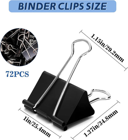 72 Pack, Medium Binder Clips, 1inch, Black Paper Binder Clips, Medium Paper Clips, Office Clips, with Storage Container for Office, Home, School