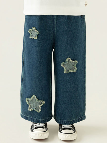Girls' Washed-Effect Denim Jeans With Cute Star Embroidery And Fade-Resistant Design
