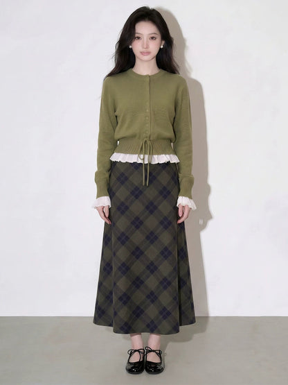 Knitted Cardigan And Plaid Skirt Two-piece Set For Women
