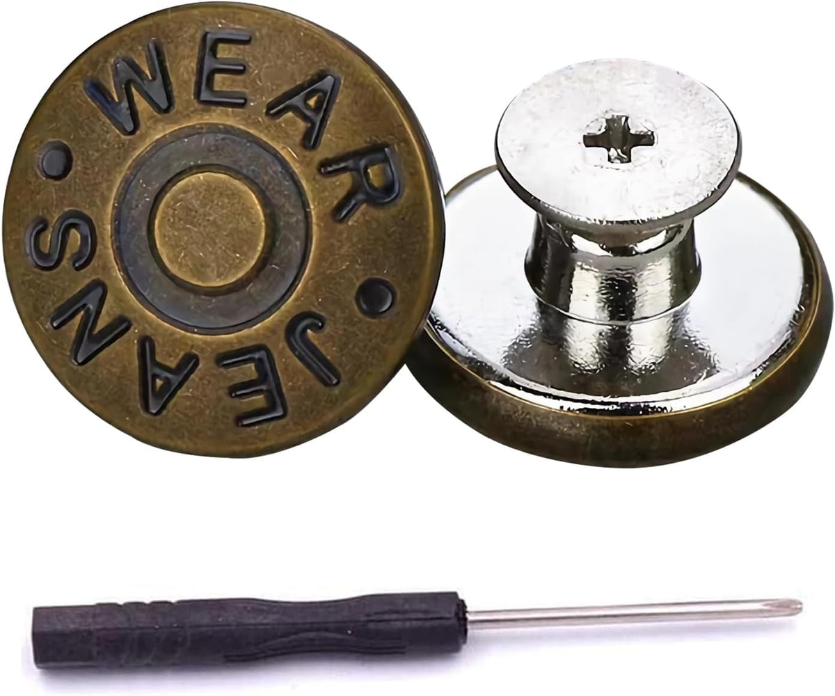 15 Sets of Jeans Buttons, 17mm No-Sew Nailess Removable Metal Jeans Button Replacement Repair Combo Thread Rivets and Screwdrivers