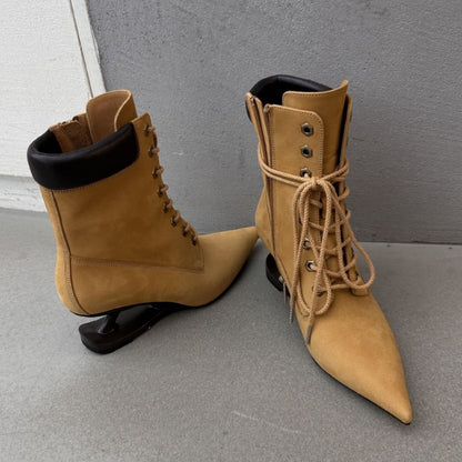Pointed-toe Lace-up Irregular High-heeled Womens Ankle Boots