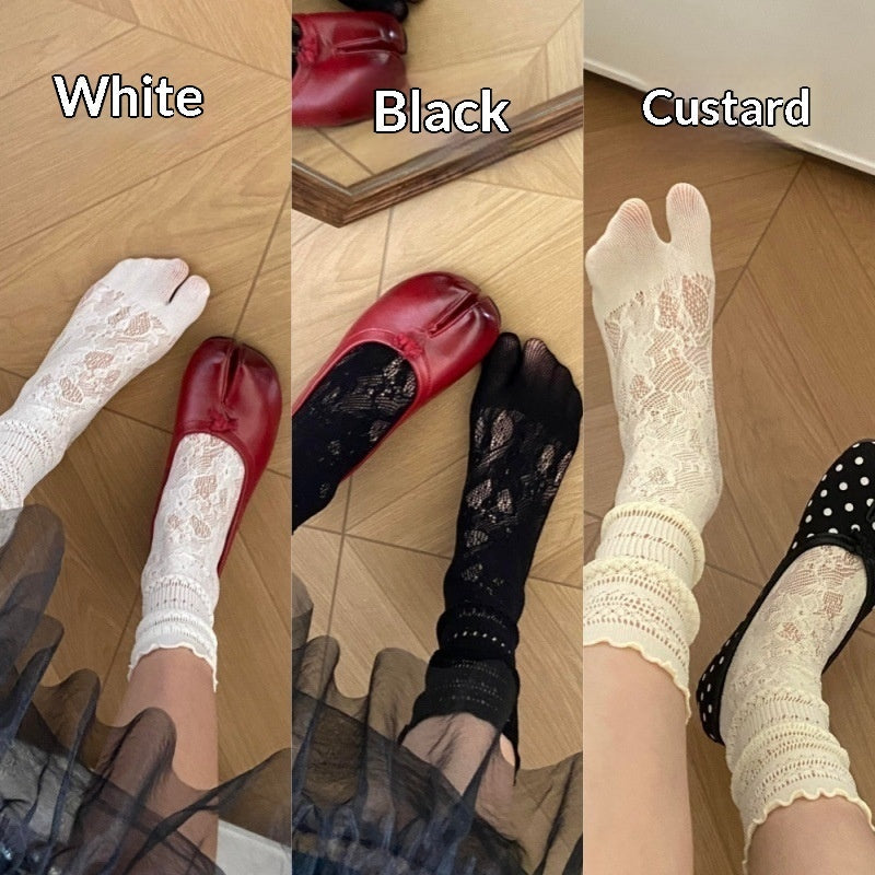 Womens Summer Lace Trim Two-Toe Socks