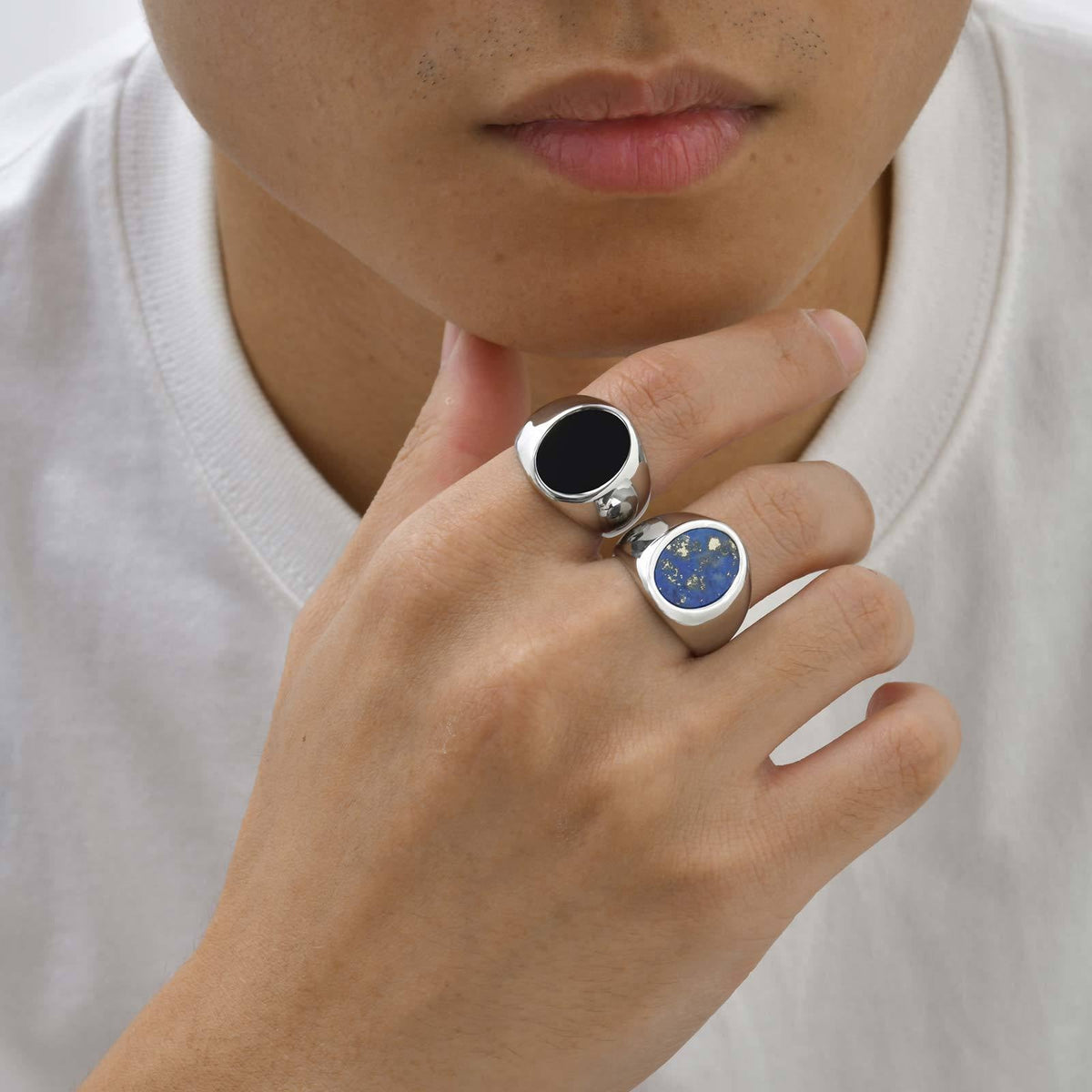 Stainless Steel Lapis Lazuli Oil-drop Natural Tigers Eye Stone Oval Ring