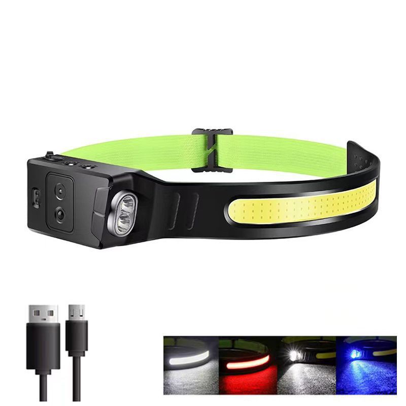 New USB Mini Multi-Function Waving Sensor Headlamp Dual Light Source Floodlight Headlamp Red Light Warning Light