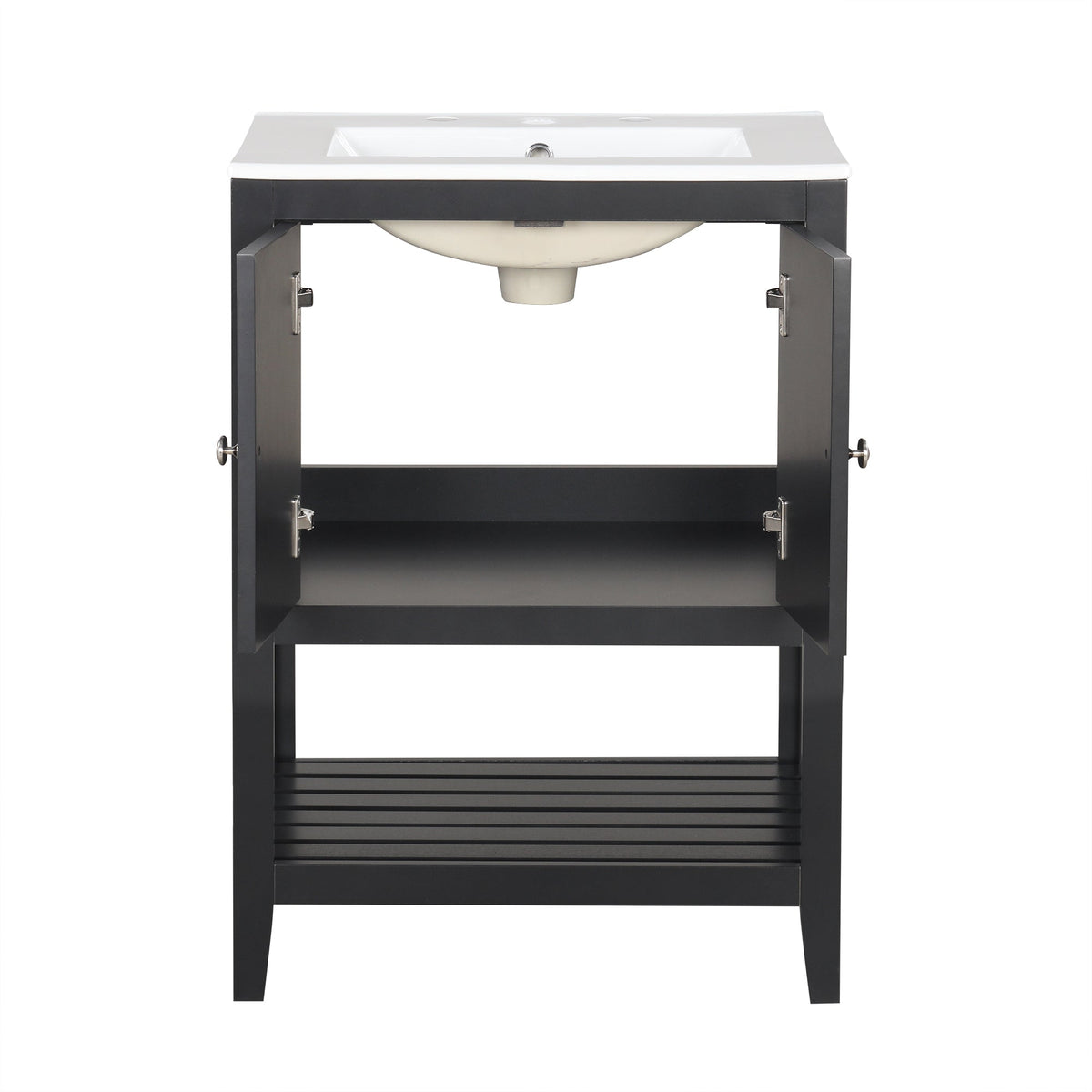 24" Black Modern Sleek Bathroom Vanity Elegant Ceramic Sink with Solid Wood Frame Open Style Shelf