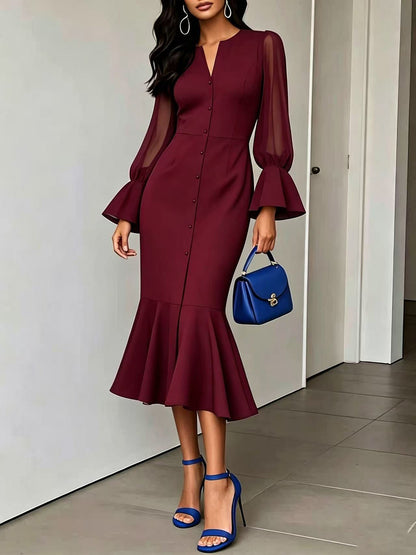 V-neck Chiffon Patchwork Puffed Long-sleeve Dress