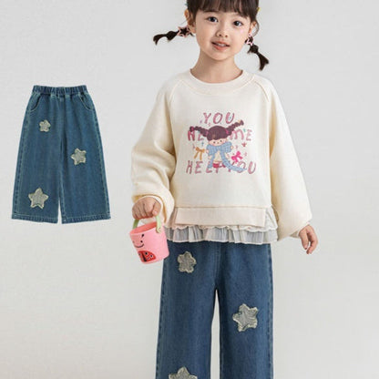 Girls' Washed-Effect Denim Jeans With Cute Star Embroidery And Fade-Resistant Design