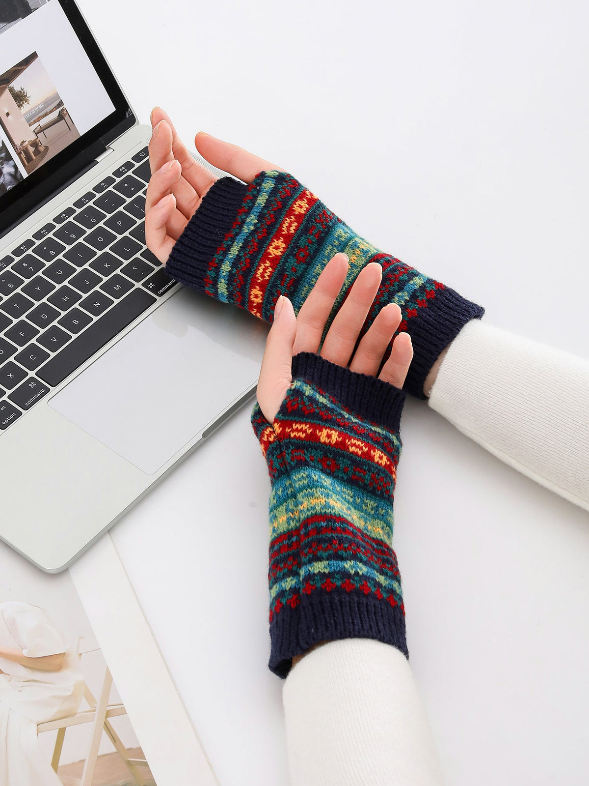 Boho Short Knit Fingerless Thermal Gloves Arm Warmer