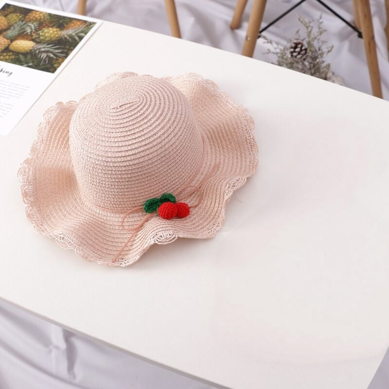 Girl Cherry Straw Hat Bag Set Princess Hat Beach Hat Sun Hat