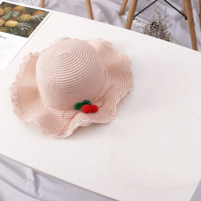Girl Cherry Straw Hat Bag Set Princess Hat Beach Hat Sun Hat