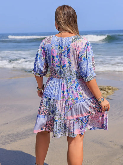 Plus Size Printed V-Neck Tiered Mini Dress
