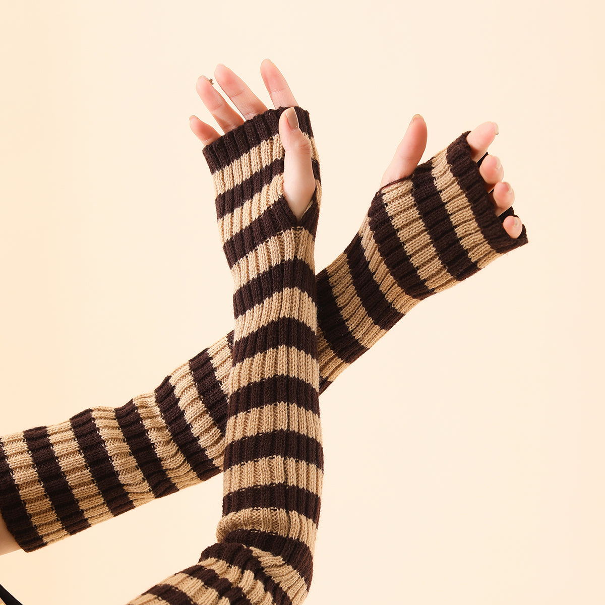 50cm Grils Women Y2K Lolita Solid Color Striped Warm Knit Fingerless Gloves Arm Warmer For Daily Party