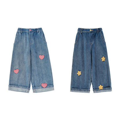 Girls' Embroidered Wide-leg Denim Pantswrinkle-resistant