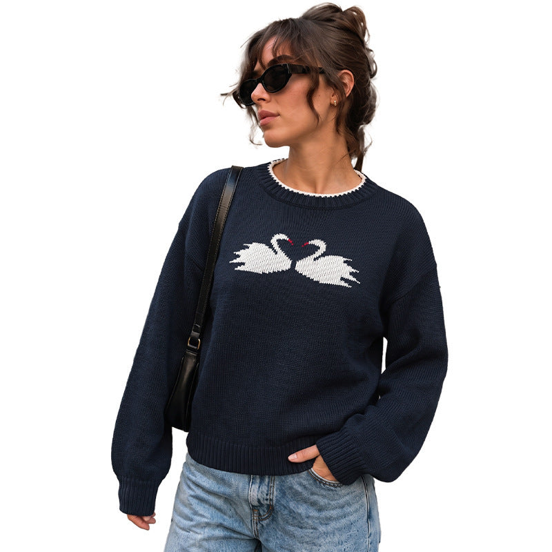Women's Minimalist Round-neck Loose-fit Pullover Jacquard Color-block Sweater