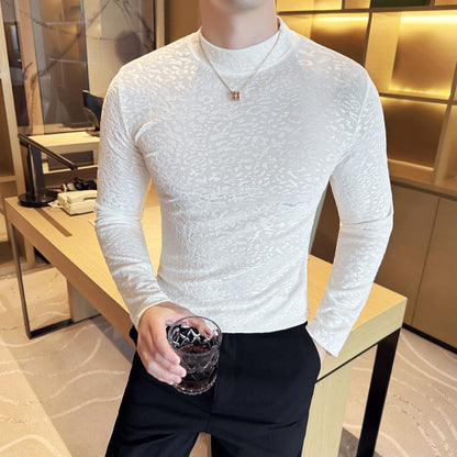 Velvet Leopard Print Jacquard Half-High Collar Long-Sleeve T-Shirt