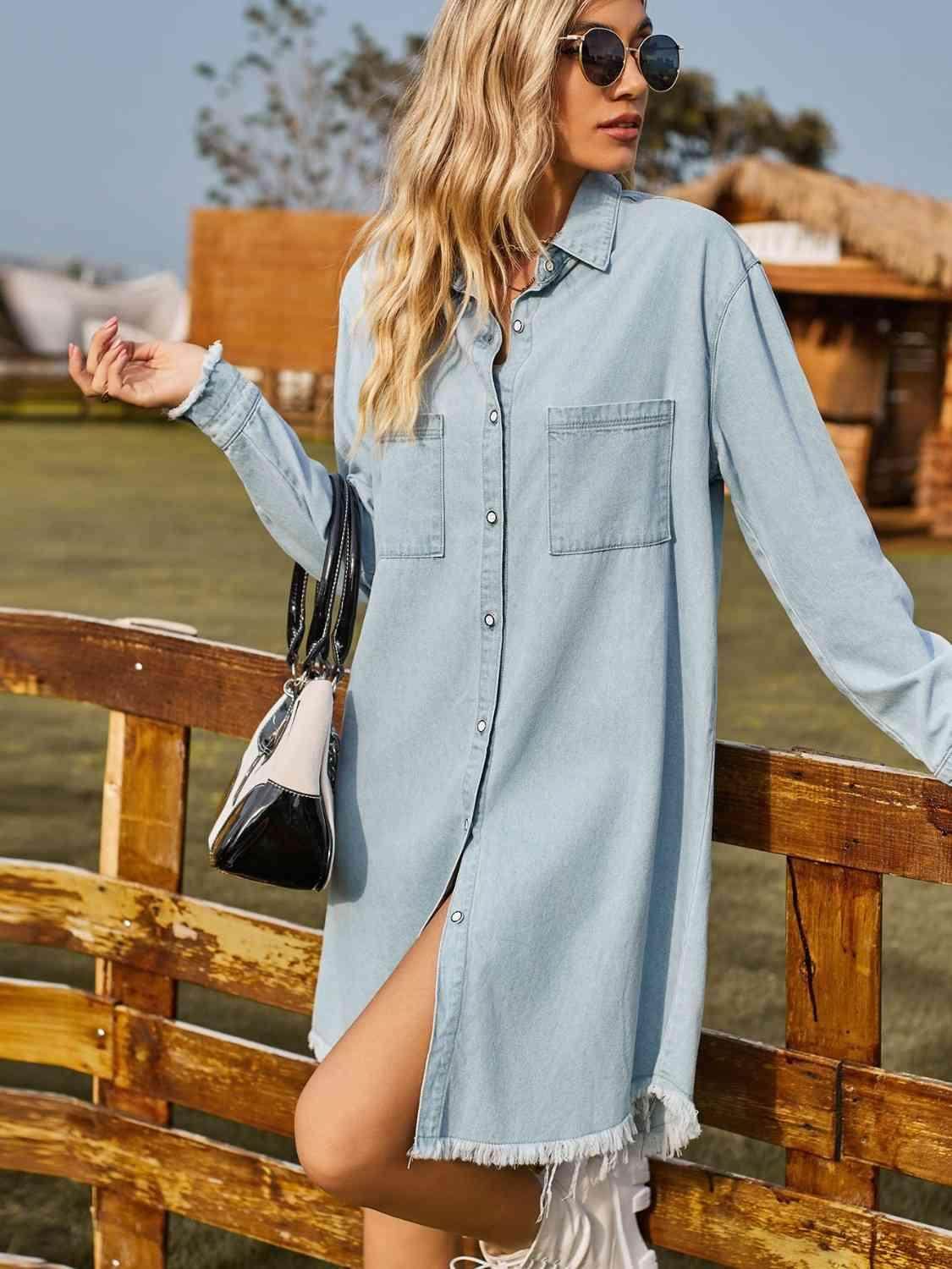 Button Up Collared Neck Raw Hem Denim Dress for Women