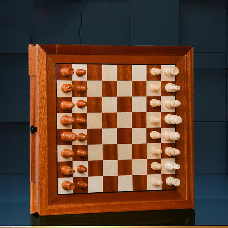 Drawer style solid wood veneer splicing chessboard magnetic chess box set