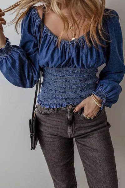 Smocked Long Sleeve Denim Top for Women Stylish Casual Wear