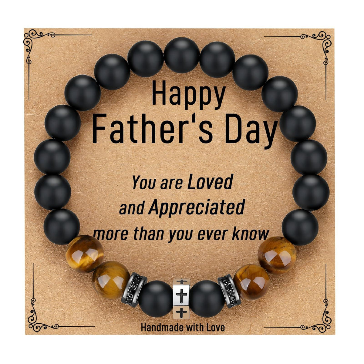 Tigers Eye Stone And Stainless Steel Cross Beaded Bracelet