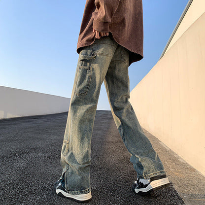 Mens Relaxed-fit Straight-leg Slit Bootcut Trousers