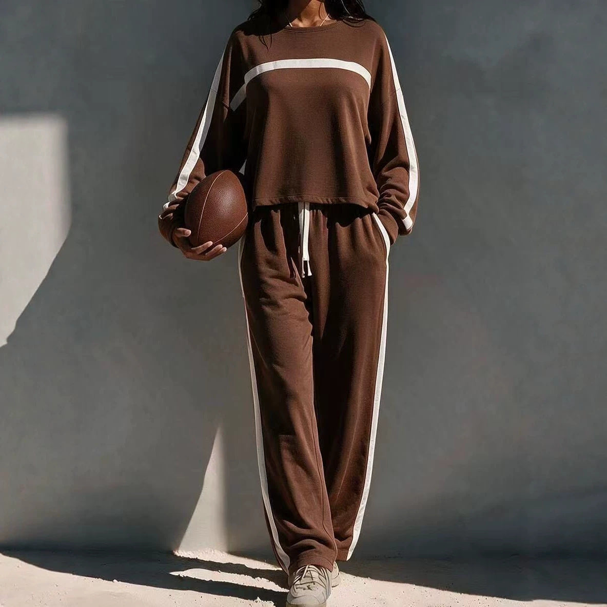 Striped Color-Block Casual Sporty Crew-Neck Sweatsuit Two-Piece Set
