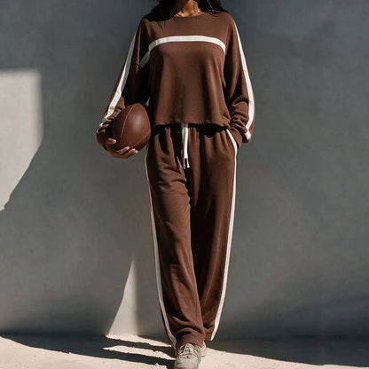 Striped Color-Block Casual Sporty Crew-Neck Sweatsuit Two-Piece Set