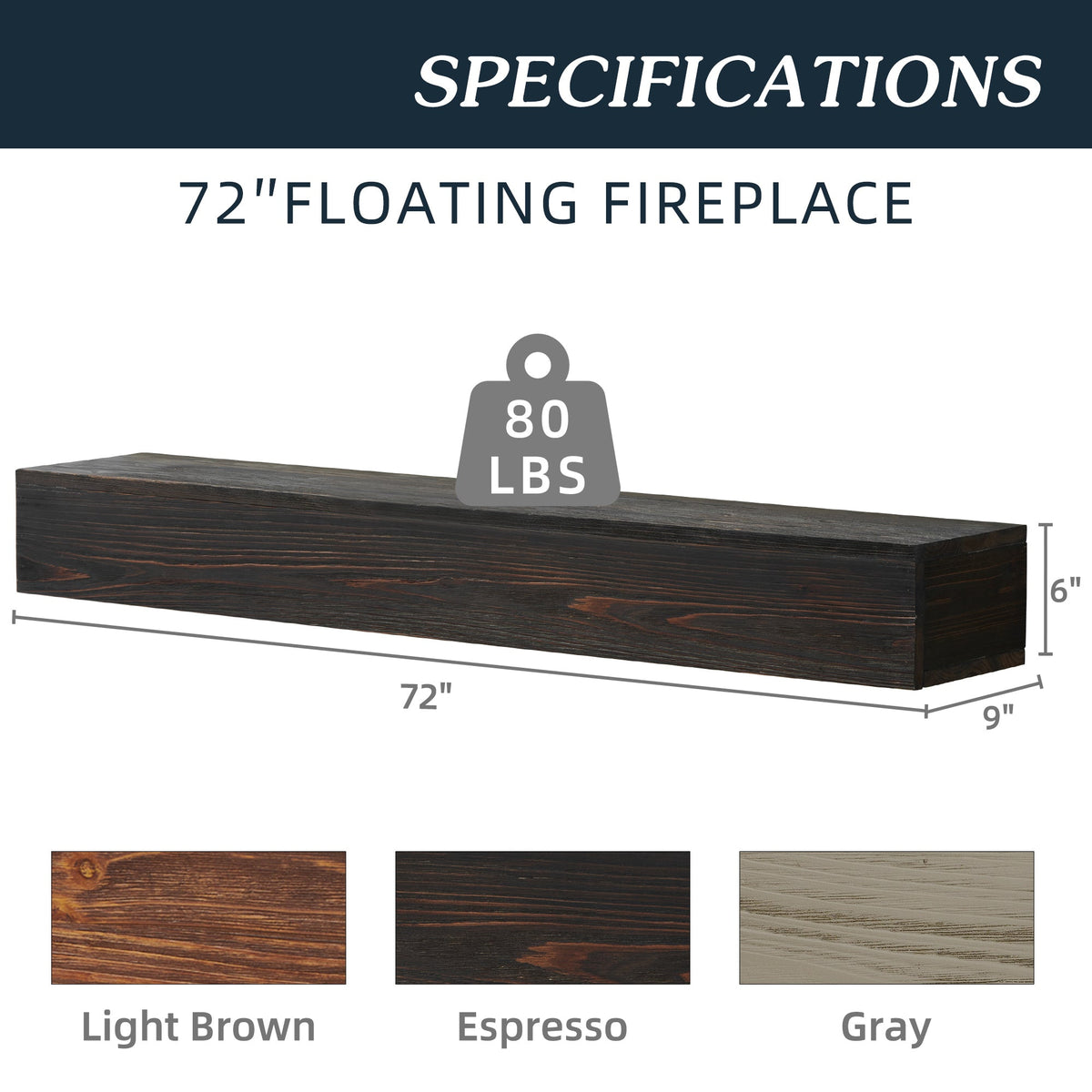 72" Rustic Wood Fireplace Mantel,Wall-Mounted & Floating Shelf for Home Decor Espresso