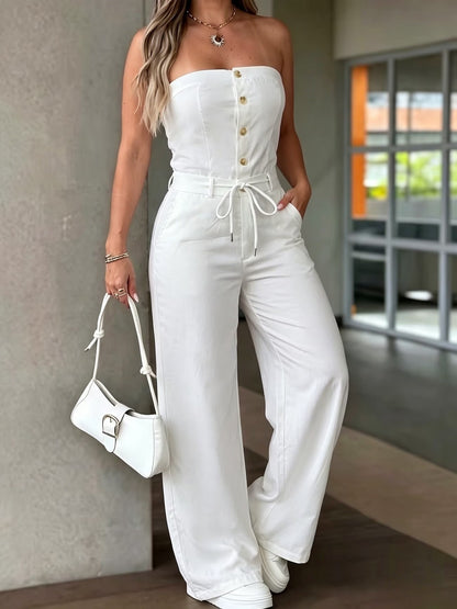 Womens Single-breasted Strapless Drawstring-button Wide-leg Jumpsuit