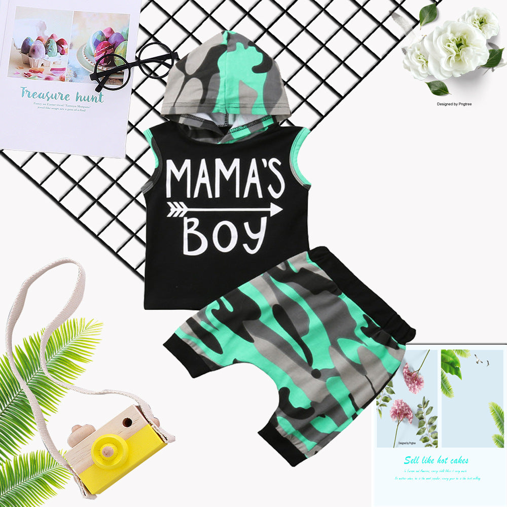 Alphabetic Sleeveless Hooded Camo Suit For Children